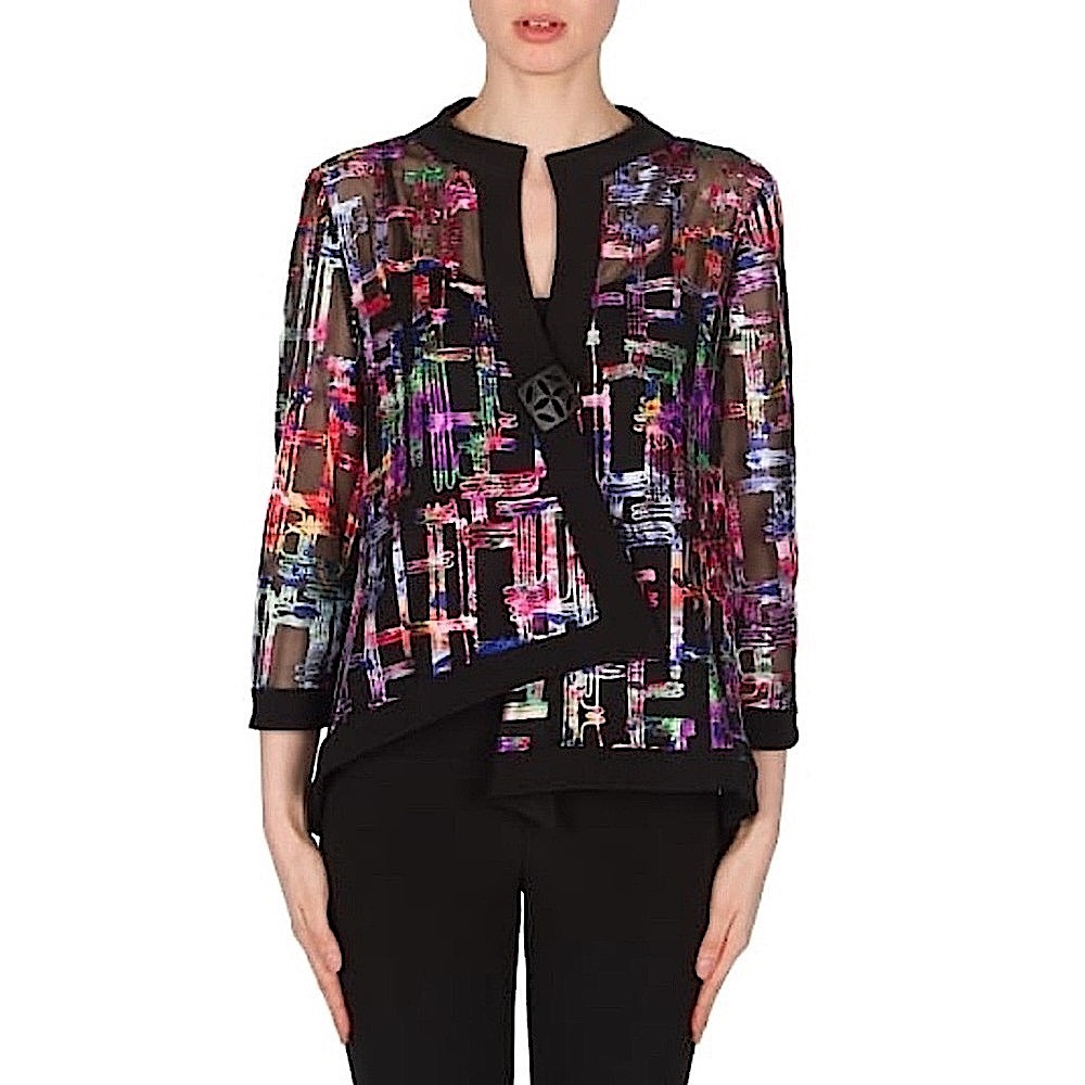 Joseph Ribkoff Colourful Black Mesh Sheet Asymmetrical Swing Blazer Siz…